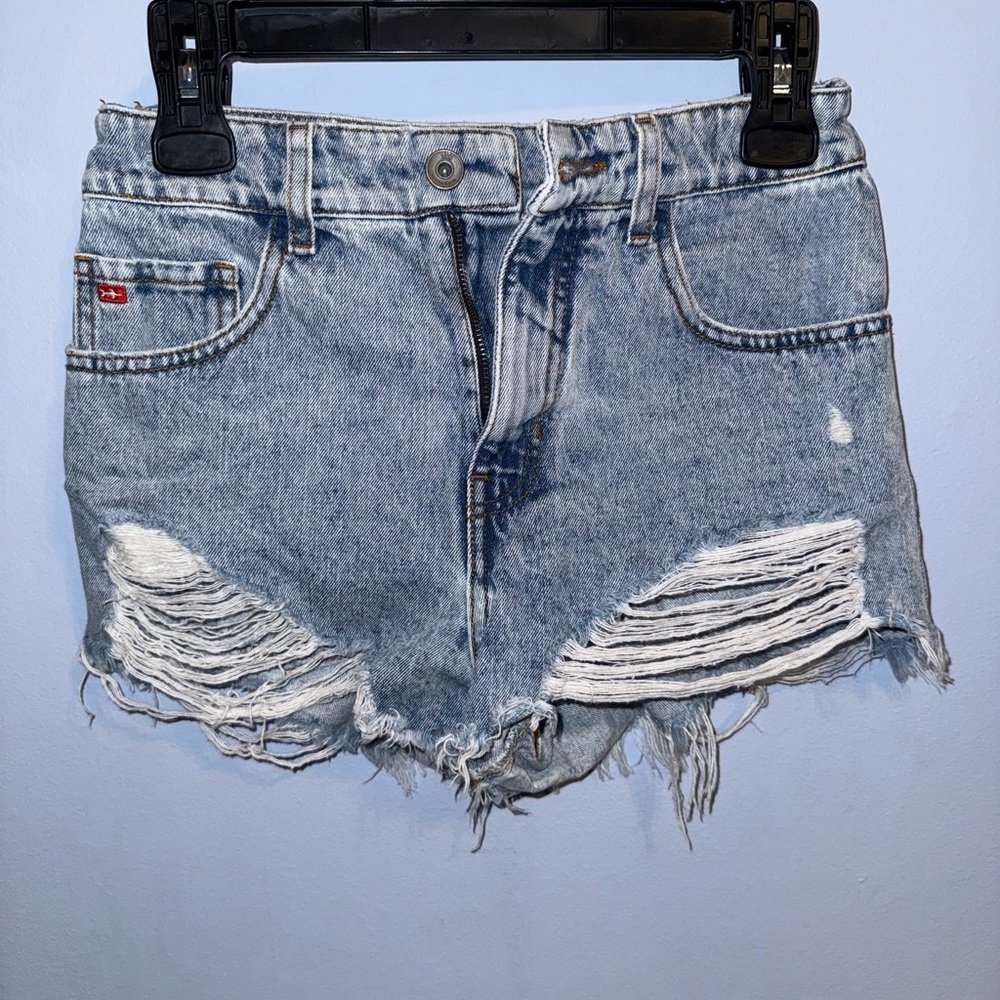 Trendy Light Blue Distressed Jean Shorts